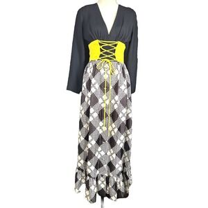 Vintage 60s Mod Corset Maxi Lined Bodice Button Up Skirt Groovy Retro Hippie